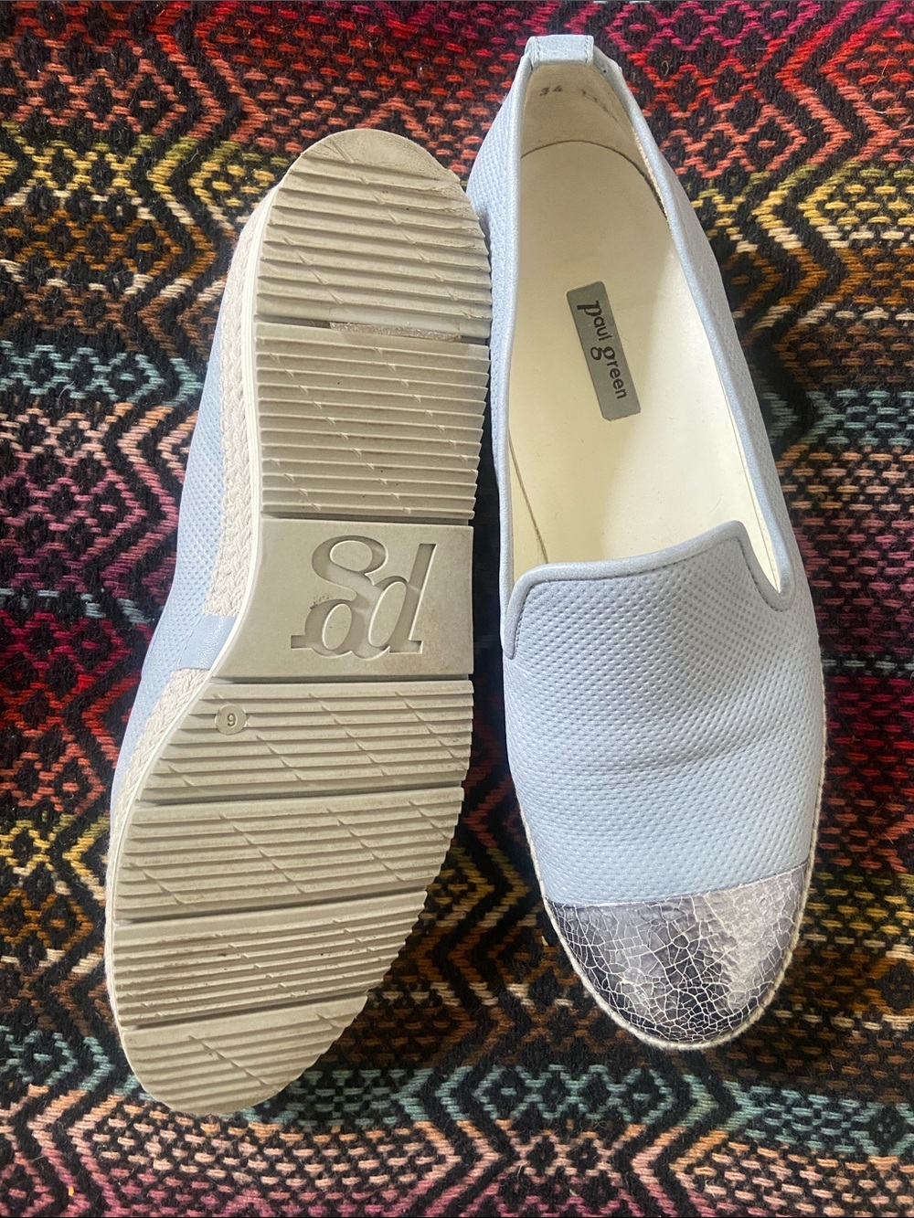 Paul Green Baby Blue Leather Slip-On Flats with Metallic Silver Toe Cap - Picture 5 of 13